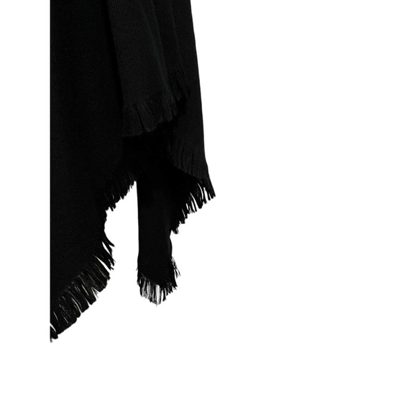 Wool Touch Acrylic Basic Black V-Neck Poncho with Fringe - Picture 3 of 4